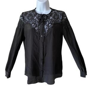 REBECCA TAYLOR Blouse Silk Lace Button Up Tie Black 0